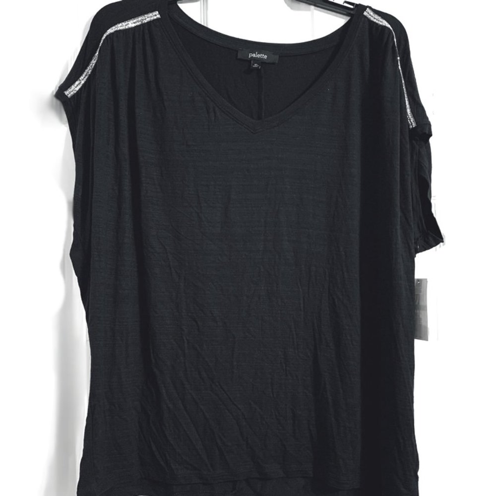 Palette Flocked Stretch Short Sleeve Rhinestone Embellished V Neck Top
